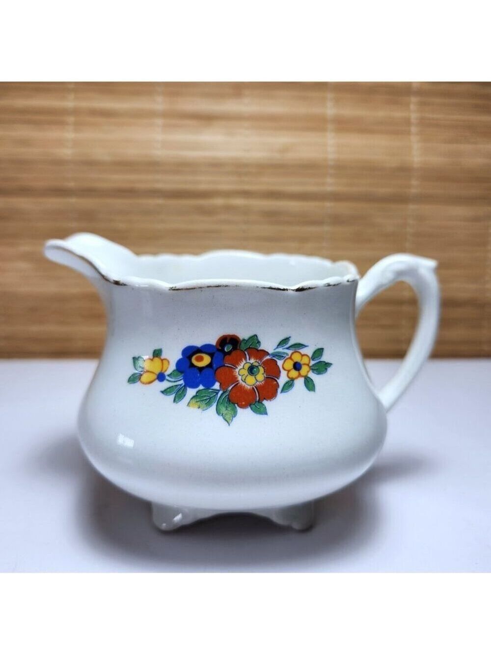 Wedgwood Patricia Footed Creamer Vintage Bone China • Gold Trim • White Floral